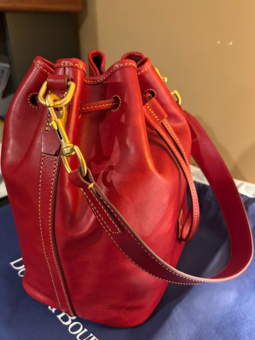 Dooney & Bourke Red Florentine Leather Drawstring Bucket Shoulder Bag NWT - Picture 6 of 14